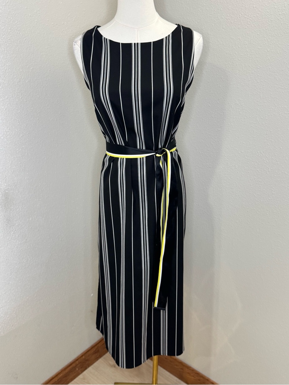 Vince Camuto Size 12 Black White Striped Belted Midi Dress Yellow Trim